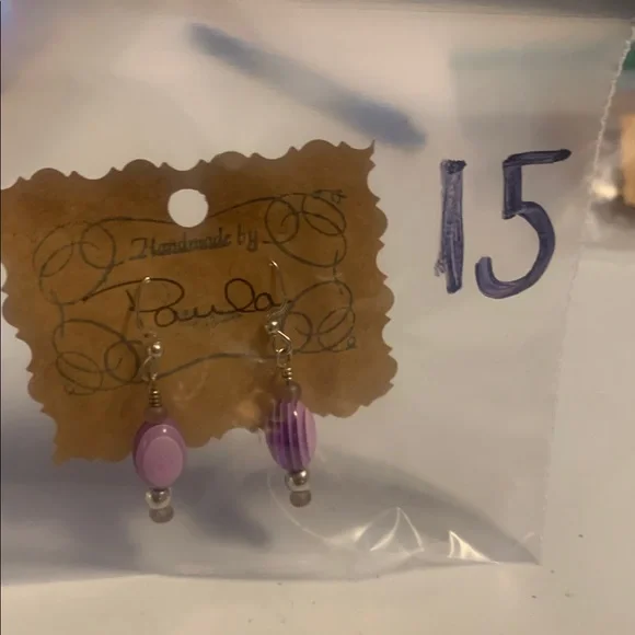 Handmade Purple&White Acrylic/Resin Beaded Dangle w/glass bead Earrings - Picture 6 of 6